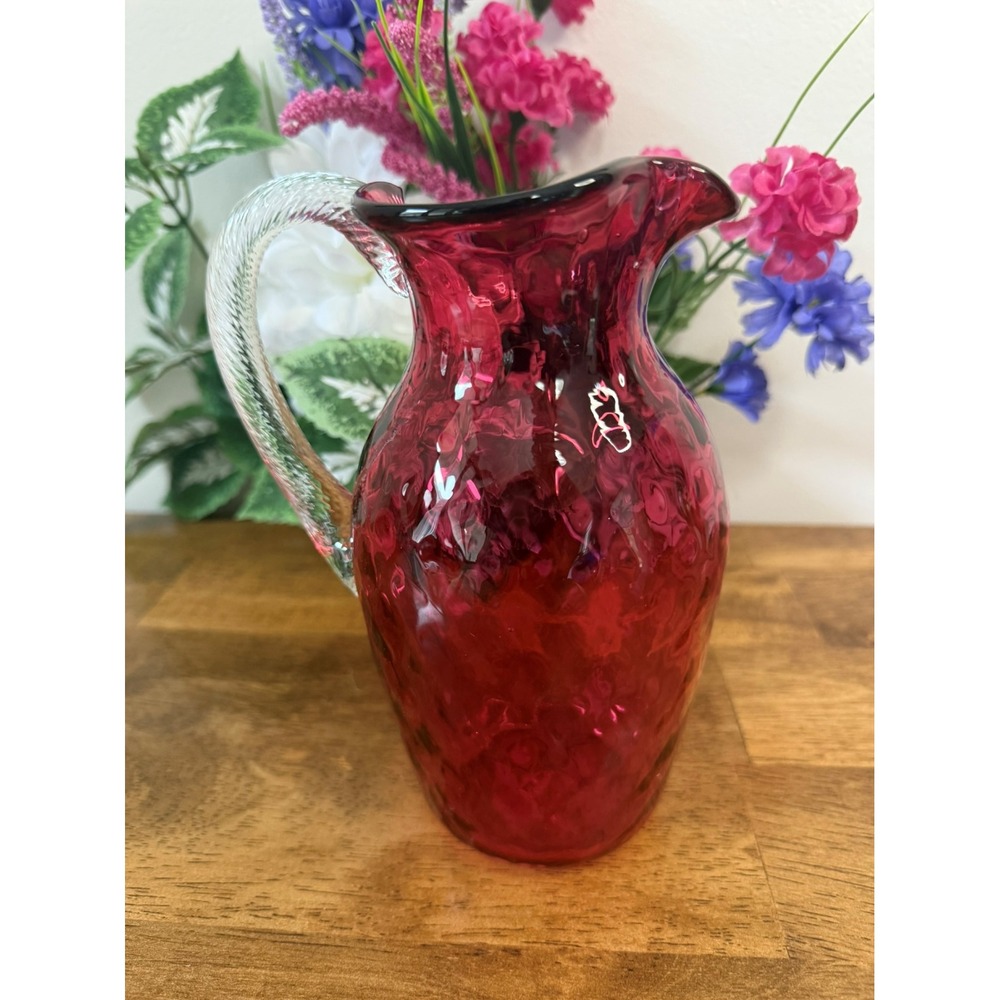 Vintage Cranberry Glass Pitcher with Clear Twisted Handle –‎ Hand Blown